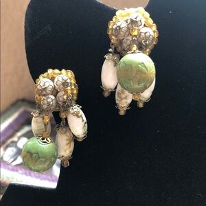 Vintage Beaded Earrings with Green and Gold Accents. Clip closure